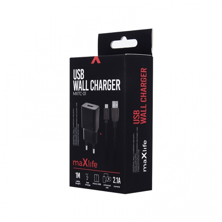 MXTC-01 Vægoplader USB, hurtig opladning (2,1A) + microUSB-kabel, sort