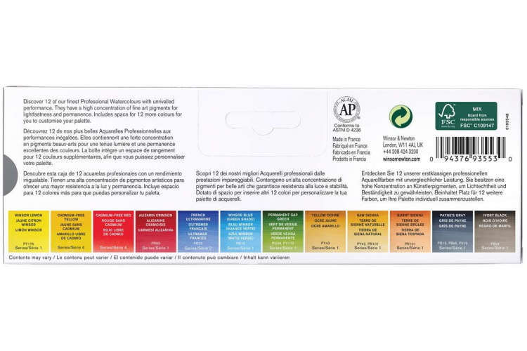 WINSOR Watercolour proff. 12x1/2 pans in box