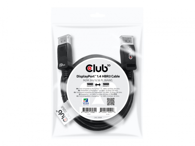CLUB3D DisplayPort 1.4 HBR3 Cable 2m/6.56ft M/M 8K60Hz