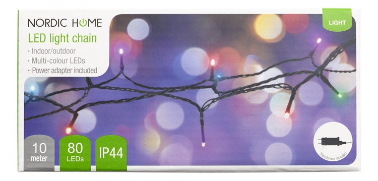 Lyskæde, 10 m, 80 LED, transformator, udendørs, RGB