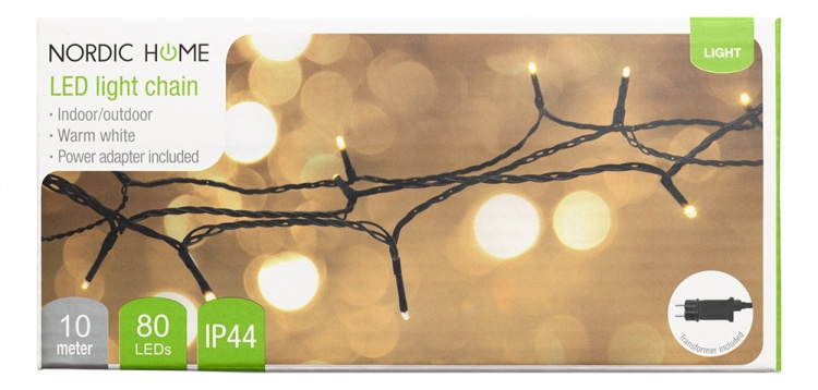 Lyskæde, 10 m, 80 LED, transformer, udendørs, varm hvid Lyskæde, 10 m, 80 LED, transformer, udendørs, varm hvid