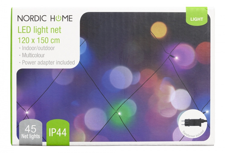 Net lyskæde, udendørs, 120 x 150 cm, 45 LED, adapter, Multi farvet
