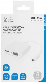 DELTACO USB-C docking station, HDMI/VGA/USB-C, 100W USB-C PD 3.0,white