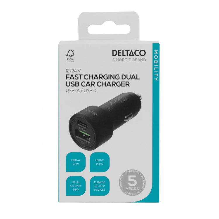 DELTACO USB car charger, 1x USB-C, PD 20 W, 1x USB-A, 18 W, 38W, metal
