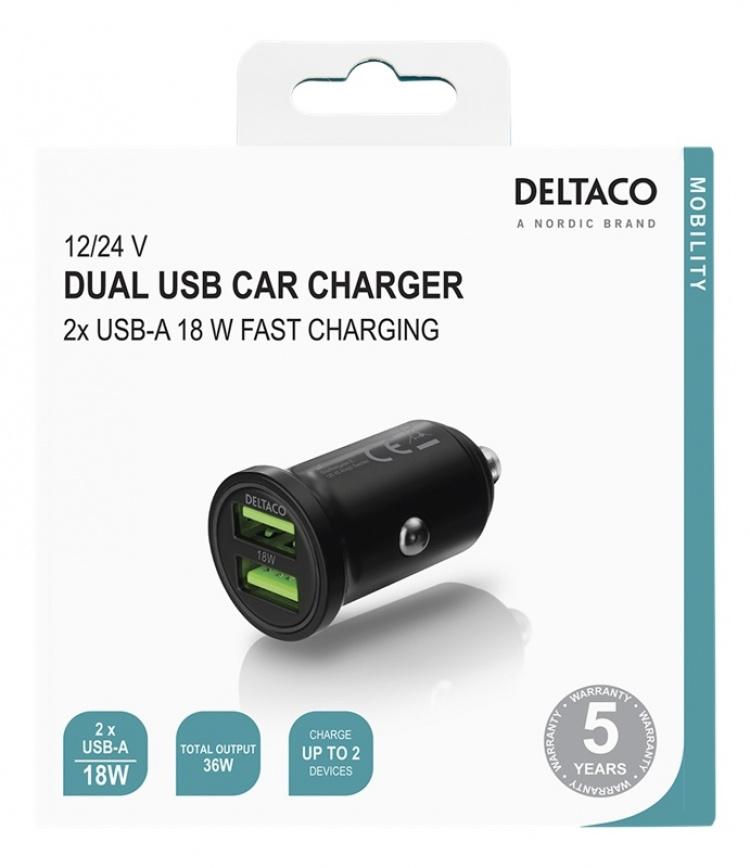 DELTACO USB car charger, 2x USB-A 18 W, fast charging, 36 W total DELTACO USB car charger, 2x USB-A 18 W, fast charging, 36 W total