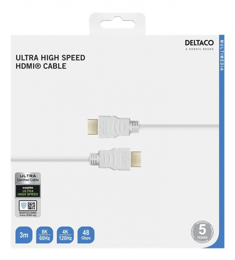 DELTACO ULTRA High Speed HDMI-kabel, 48Gbps, 3m, vit DELTACO ULTRA High Speed HDMI-kabel, 48Gbps, 3m, vit