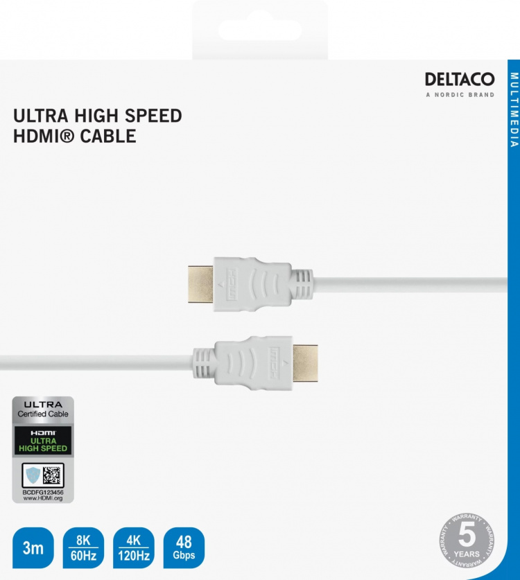 DELTACO ULTRA High Speed HDMI-kabel, 48Gbps, 3m, vit DELTACO ULTRA High Speed HDMI-kabel, 48Gbps, 3m, vit