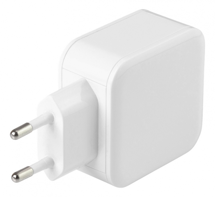 DELTACO Wall charger with dual USB-A ports, 4.8 A, 24 W, white