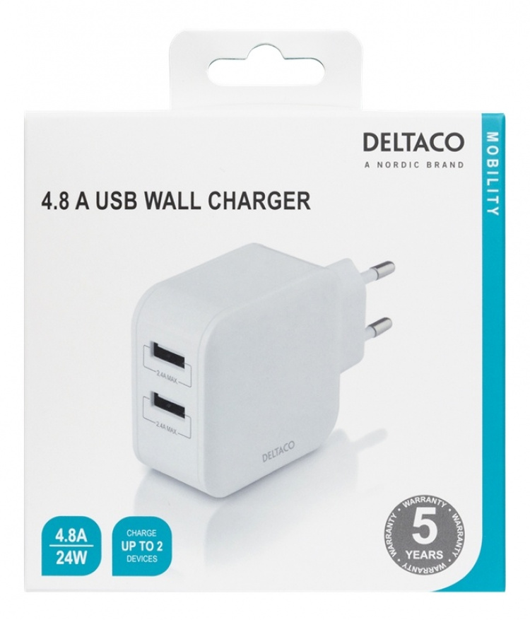 DELTACO Wall charger with dual USB-A ports, 4.8 A, 24 W, white