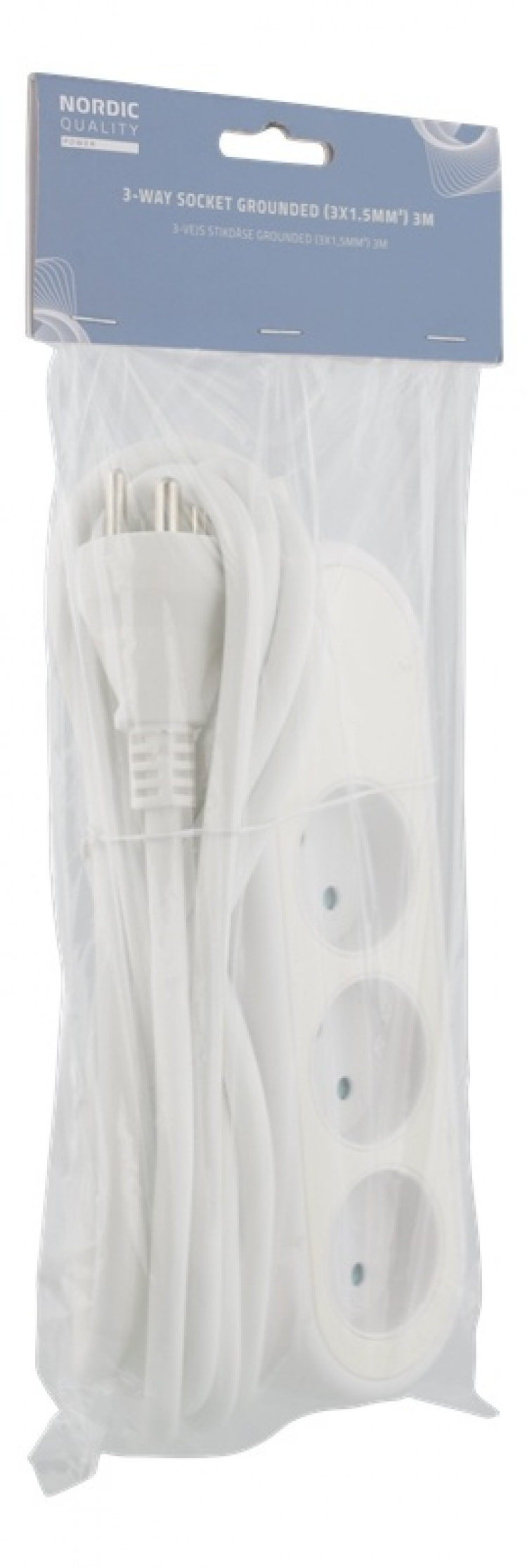 Nordic Quality Power 3-vejs stik m/jord (3x1,5mm²) DK, 3m, hvid