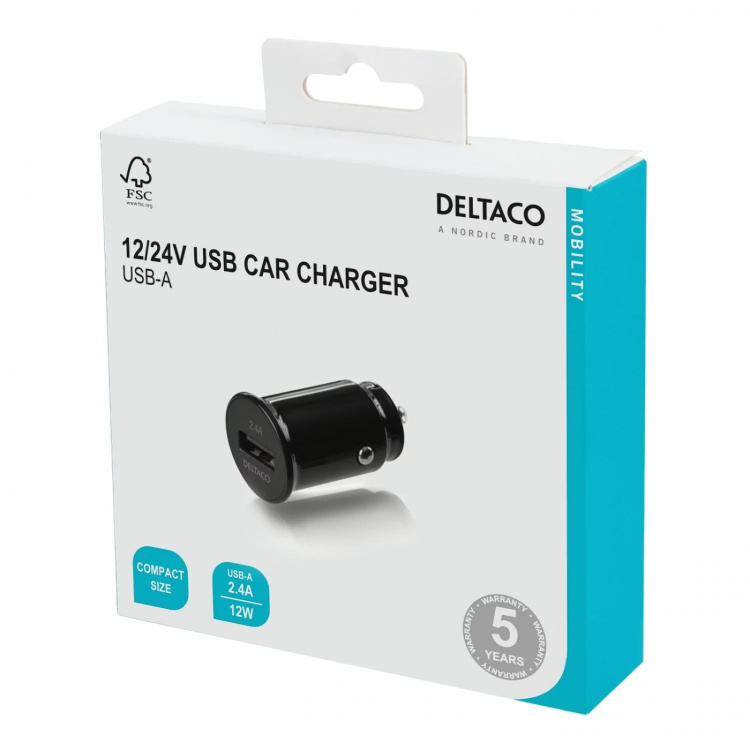 DELTACO 12/24 V USB car charger with compact size and 1x USB-A port, 2 DELTACO 12/24 V USB car charger with compact size and 1x USB-A port, 2