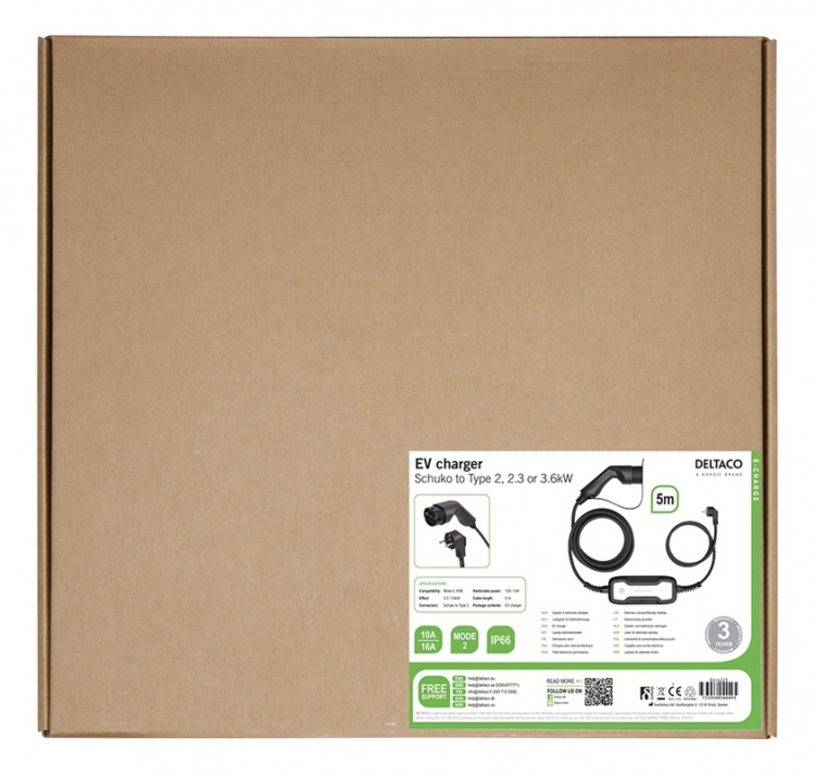DELTACO e-Charge, cable Mode 2, Schuko - type 2, 10-16A, 5M