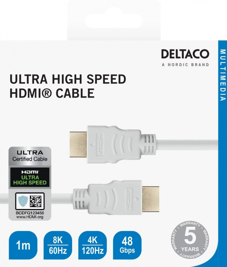 DELTACO ULTRA High Speed HDMI-kabel, 48Gbps, 1m, vit DELTACO ULTRA High Speed HDMI-kabel, 48Gbps, 1m, vit