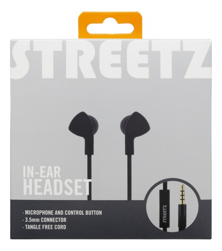 STREETZ in-ear headset, 1-button remote, 3.5mm, microphone, black STREETZ in-ear headset, 1-button remote, 3.5mm, microphone, black