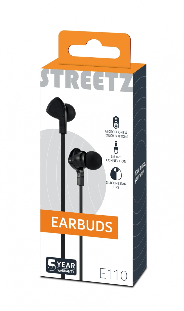 STREETZ in-ear headset, 1-button remote, 3.5mm, microphone, black STREETZ in-ear headset, 1-button remote, 3.5mm, microphone, black