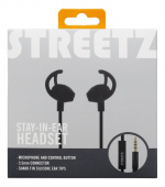 STREETZ stay-in-ear headset, 1-button remote, 3.5mm, microphone, black