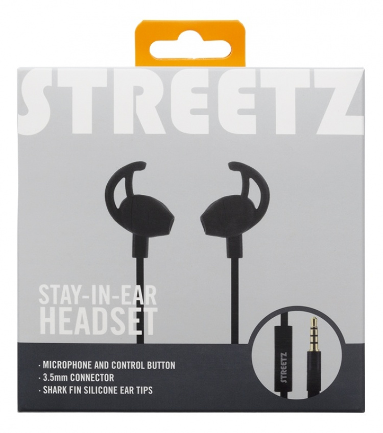 STREETZ stay-in-ear headset, 1-button remote, 3.5mm, microphone, black