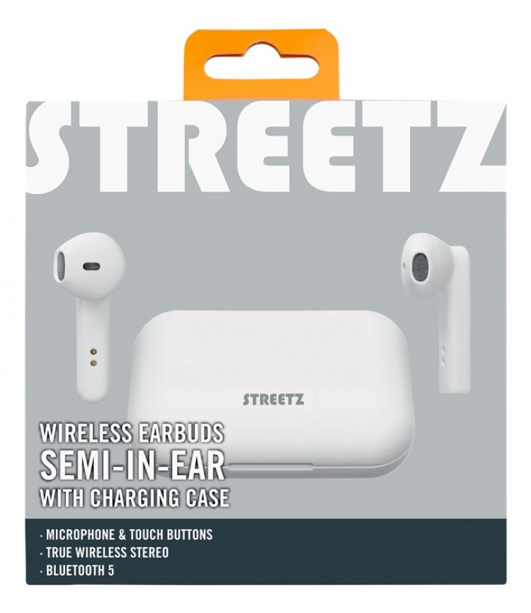 STREETZ True Wireless Stereo earbuds with charging case, semi-in-ear,