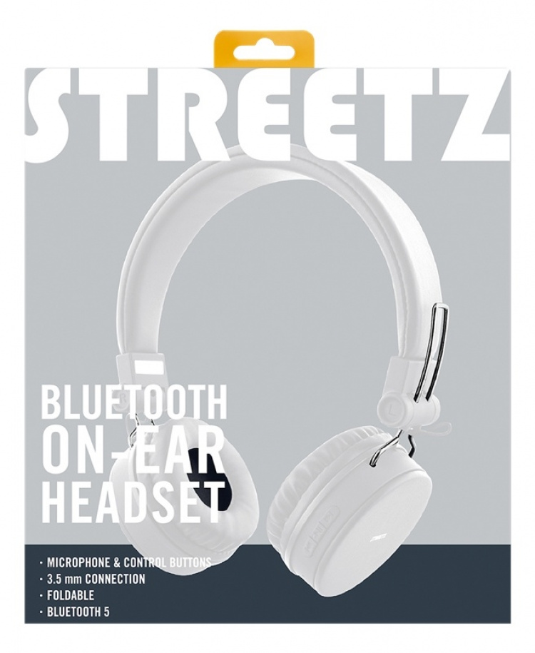 STREETZ Foldable on-ear BT headset, 3.5 mm, white