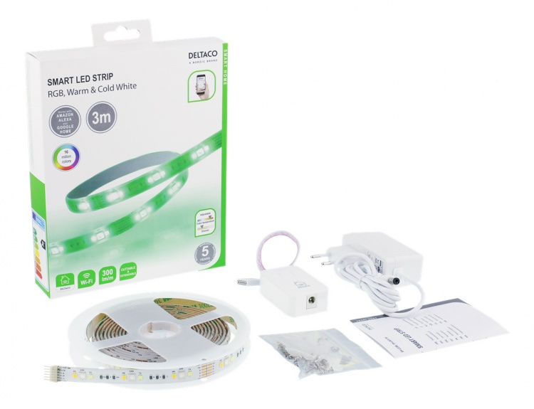 DELTACO SMART HOME LED strip, RGB, 2700K-6500K, 3m, WiFi 2.4GHz, white DELTACO SMART HOME LED strip, RGB, 2700K-6500K, 3m, WiFi 2.4GHz, white