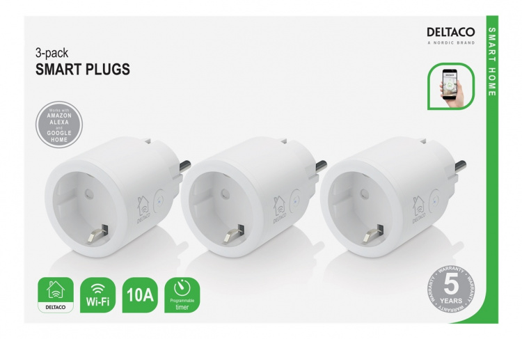 DELTACO SMART HOME strömbrytare, WiFi, 1xCEE 7/3, 10A, timer, 3-pack