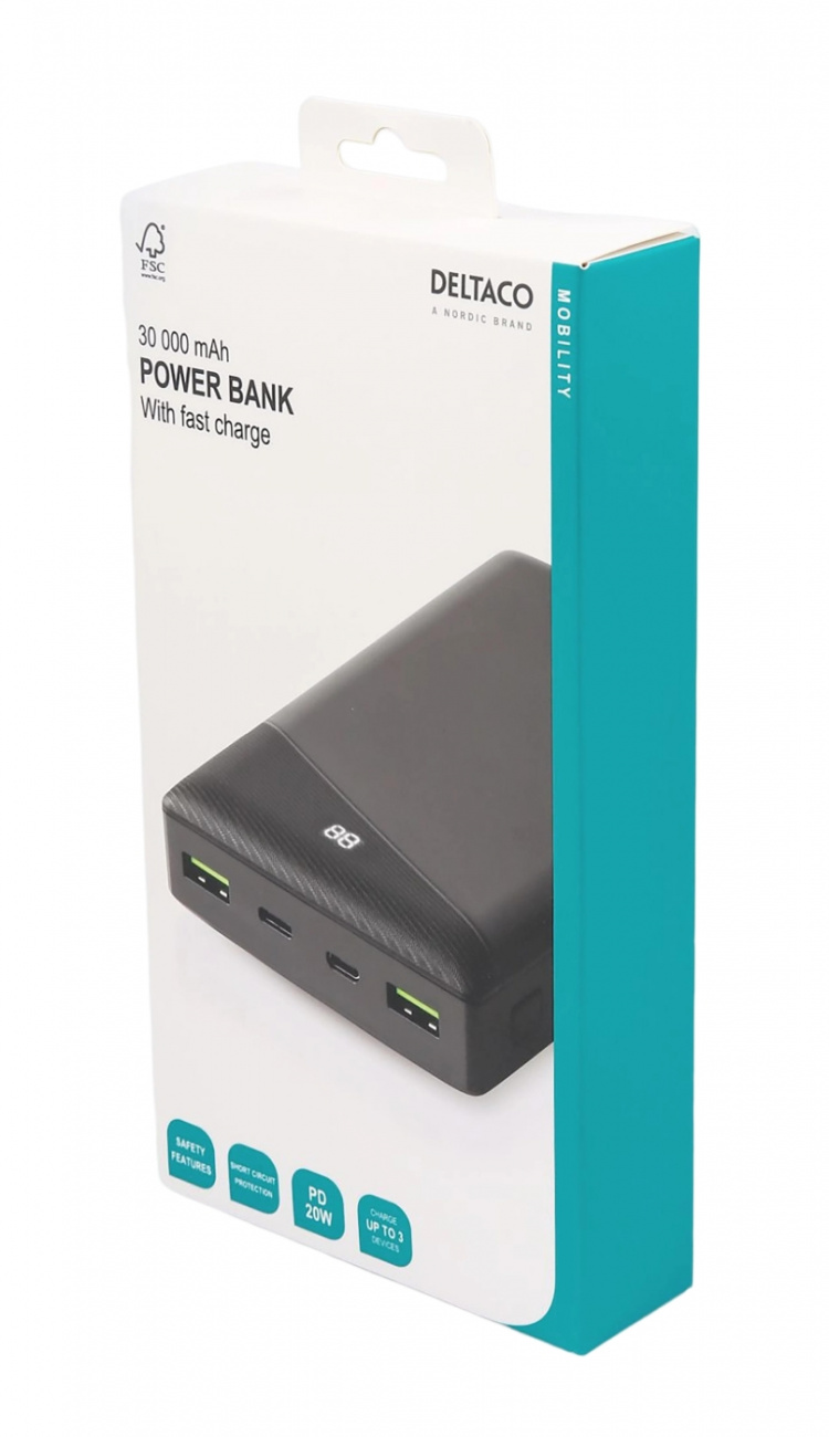 DELTACO Power bank 30000 mAh, 3 A/18 W, 111 Wh, 2x USB-A, 1x USB-C, fa DELTACO Power bank 30000 mAh, 3 A/18 W, 111 Wh, 2x USB-A, 1x USB-C, fa