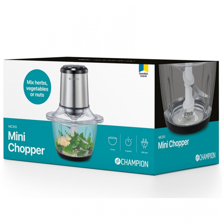 Champion Mini Chopper 1,2L 400W Glasskål MC310 Rustfrit stål Champion Mini Chopper 1,2L 400W Glasskål MC310 Rustfrit stål