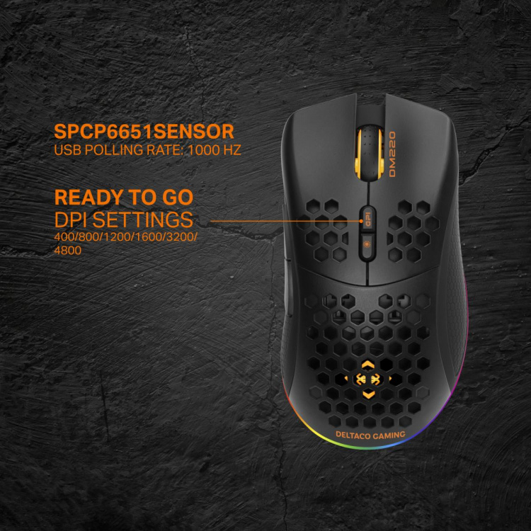 DELTACO GAMING DM220 Trådlös lättvikts gaming mus, RGB, svart DELTACO GAMING DM220 Trådlös lättvikts gaming mus, RGB, svart