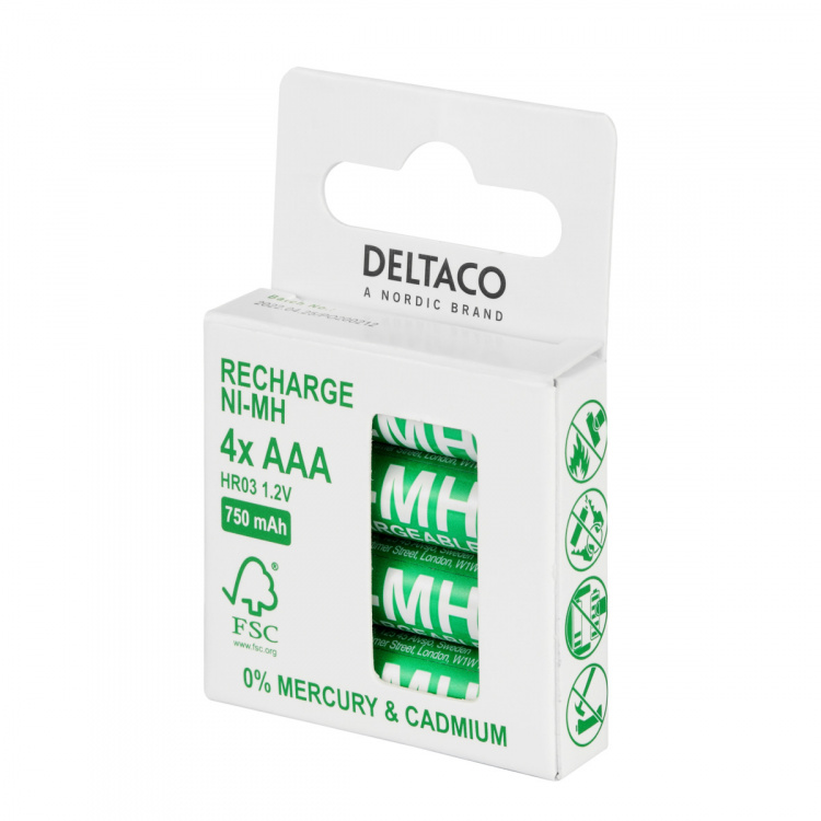 DELTACO Ultimate Ni-Mh genopladelig, LR03/AAA størrelse, 750mAh, 4-pak(SG)