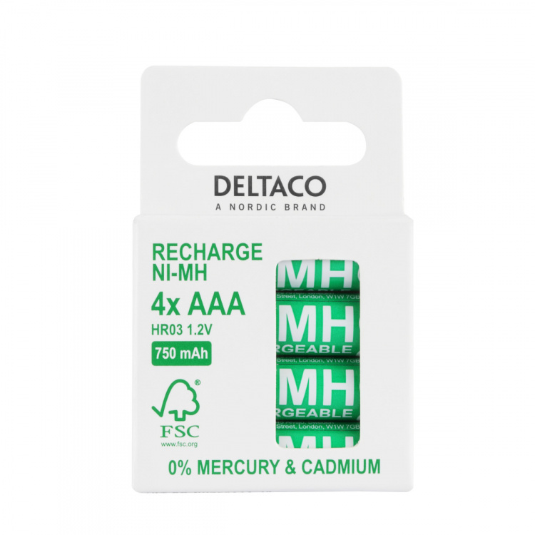 DELTACO Ultimate Ni-Mh genopladelig, LR03/AAA størrelse, 750mAh, 4-pak(SG)