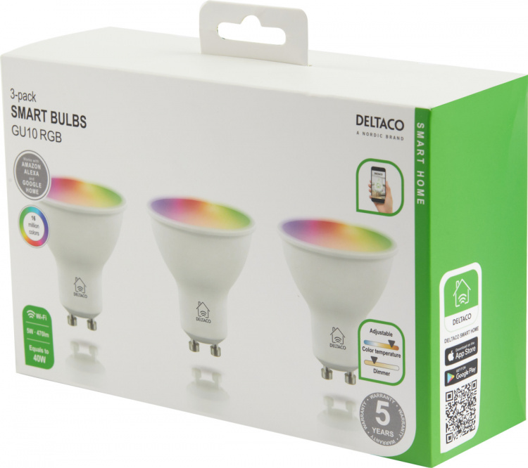 DELTACO SMART HOME LED-lampa, 3-pack, GU10, WiFI 2,4GHz, 5W, 470lm, dimbar, 220-240V, RGB DELTACO SMART HOME LED-lampa, 3-pack, GU10, WiFI 2,4GHz, 5W, 470lm, dimbar, 220-240V, RGB