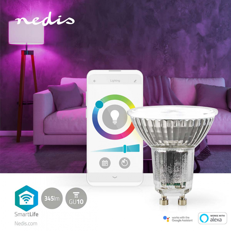 Nedis SmartLife LED-Spot | Wi-Fi | GU10 | 345 lm | 5 W | RGB / Varm til kølig hvid | 2700 - 6500 K | Energiklasse: G | Android™ / IOS | PAR16 | 1 stk