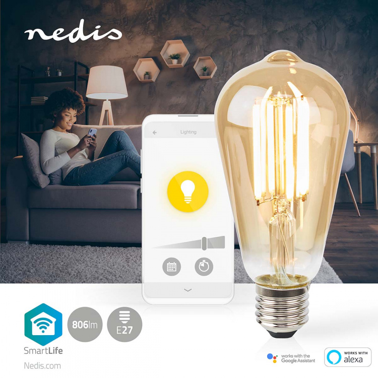 Nedis SmartLife LED Glødepære | E27 | 806 lm | 7 W | Varm Hvid | 1800 - 3000 K | Glas | Android™ / IOS | ST64 | 1 stk
