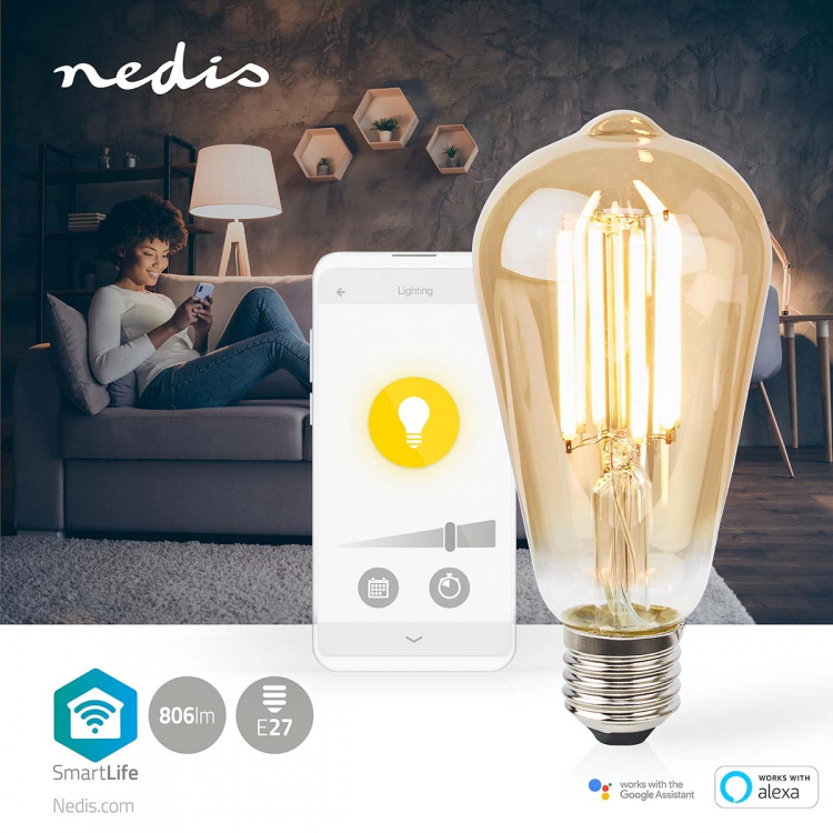 Nedis SmartLife LED Glødepære | E27 | 806 lm | 7 W | Varm Hvid | 1800 - 3000 K | Glas | Android™ / IOS | ST64 | 1 stk