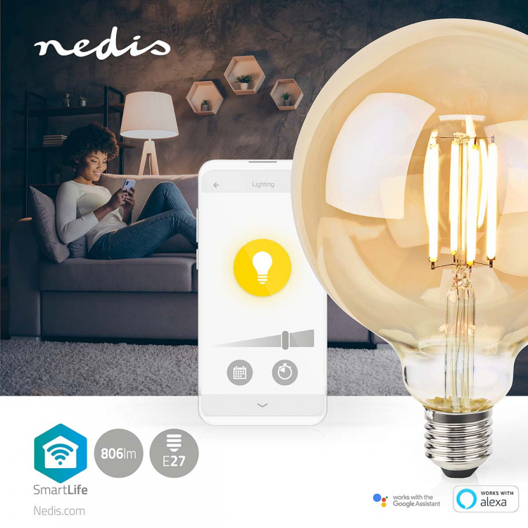 Nedis SmartLife LED Glødepære | Wi-Fi | E27 | 806 lm | 7 W | Varm Hvid | 1800 - 3000 K | Glas | Android™ / IOS | Globe | 1 stk