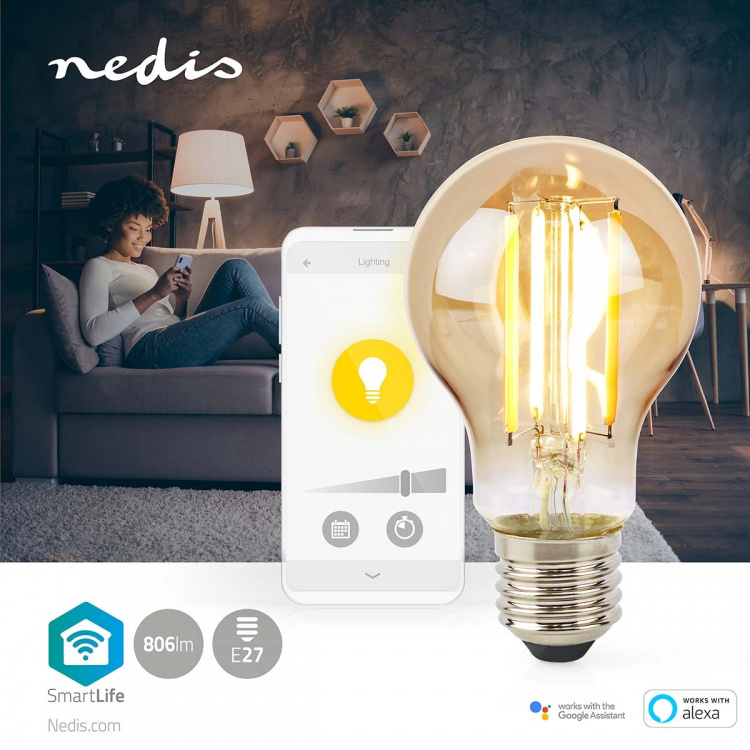 Nedis SmartLife LED Glødepære | E27 | 806 lm | 7 W | Varm Hvid | 1800 - 3000 K | Glas | Android™ / IOS | Pære | 1 stk
