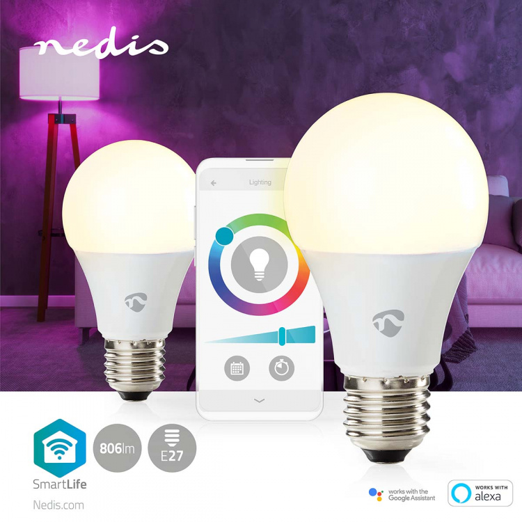 Nedis SmartLife Fuld Farve Pære | E27 | 806 lm | 9 W | RGB / Varm til kølig hvid | 2700 - 6500 K | Android™ / IOS | Pære | 2 stk