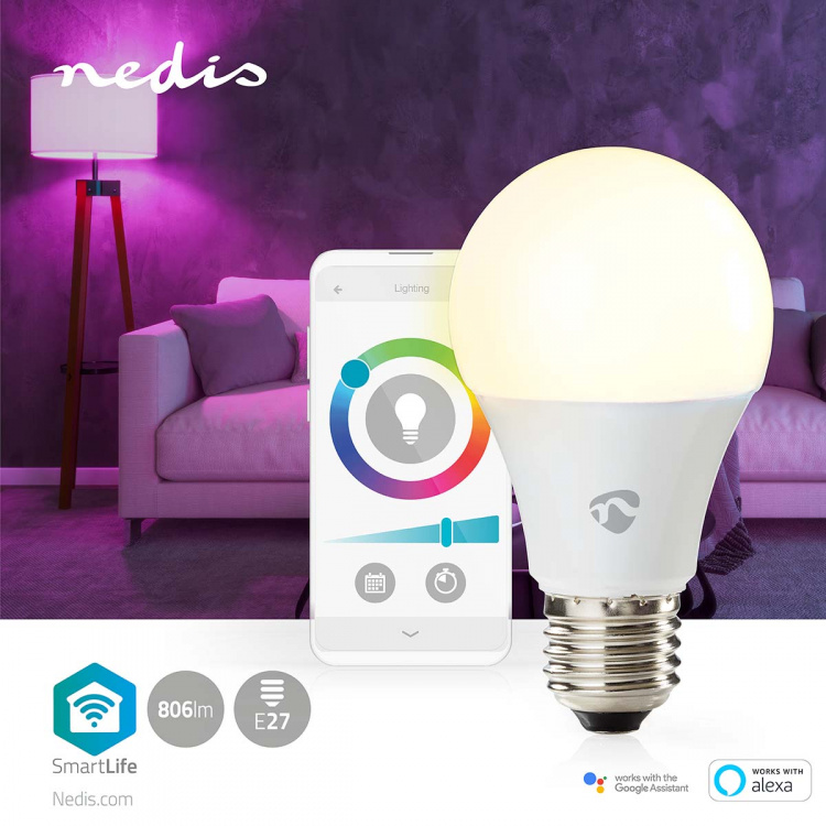 Nedis SmartLife Fuld Farve Pære | E27 | 806 lm | 9 W | RGB / Varm til kølig hvid | 2700 - 6500 K | Android™ / IOS | Pære | 1 stk