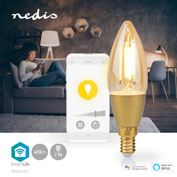 Nedis SmartLife LED Glødepære | E14 | 470 lm | 4.90 W | Varm Hvid | 1800 - 3000 K | Glas | Android™ / IOS | Stearinlys | 1 stk