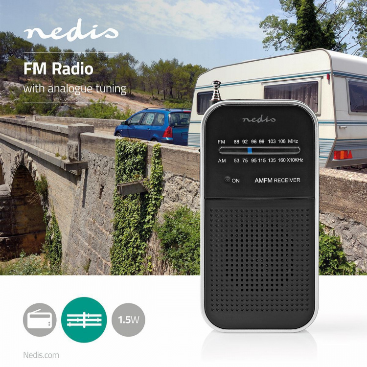 Nedis FM-radio | Bærbart design | AM / FM | Batteri | Analog | 1.5 W | Sort hvid skærm | Hovedtelefonudgang | IP20 | Aluminium / Sort
