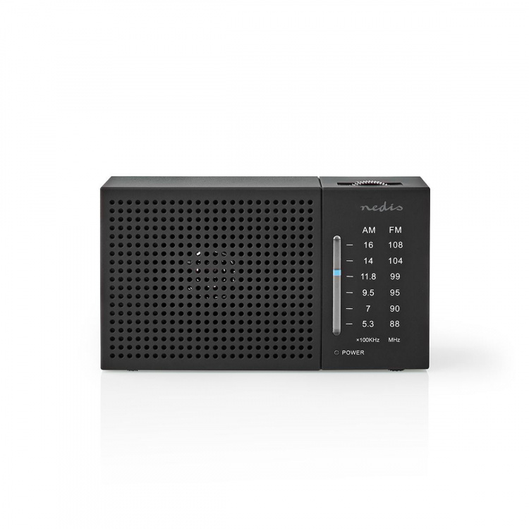 Nedis FM-radio | Bærbart design | AM / FM | Batteri | Analog | 1.5 W | Sort hvid skærm | Hovedtelefonudgang | IP20 | Sort