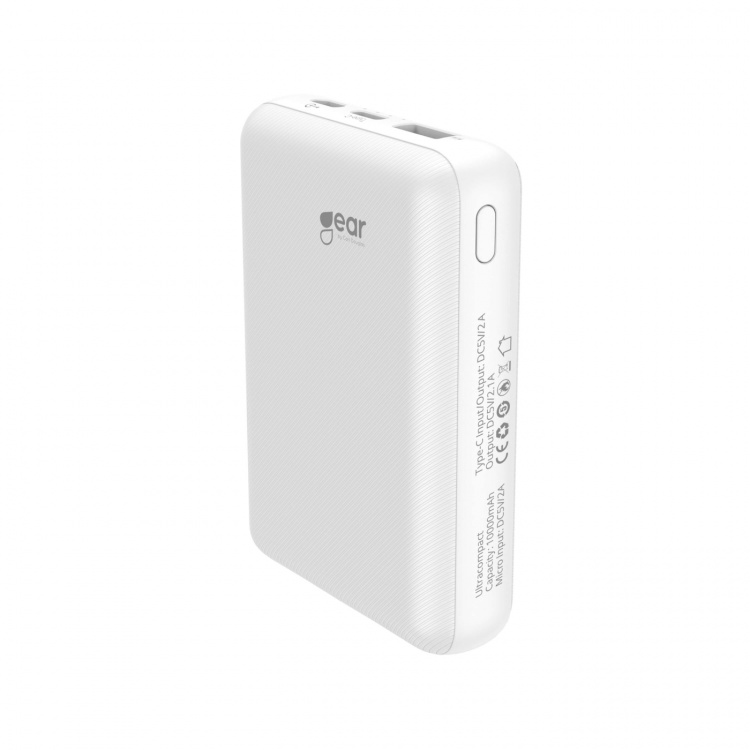 Gear Powerbank 10.000mAh LiPolymer Ultracompact 2.1A 1xUSB-C 1xUSB-A 1xMicroUSB Hvid