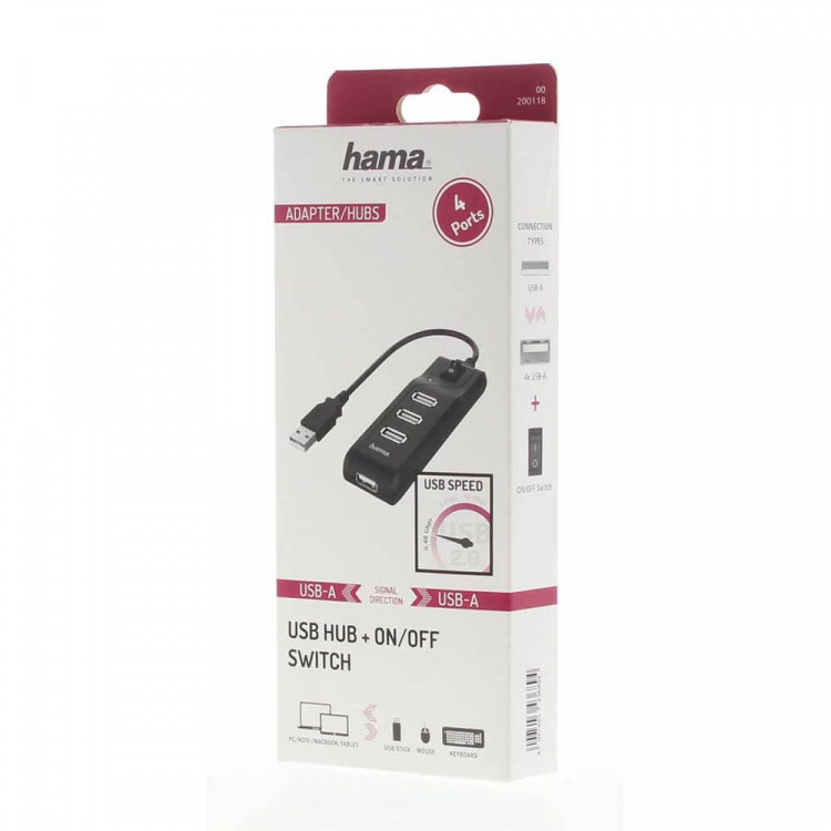 Hama Hub USB-A 2.0 Switch 4x Ports 480 Mbit/s Sort