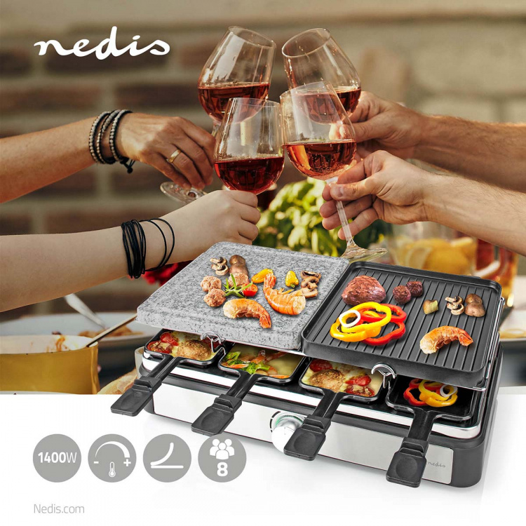 Nedis Gourmet / Raclette | Grill / Sten | 8 Personer | Spatel | Indstilling af temperatur | Non-stick belægning | Rektangel