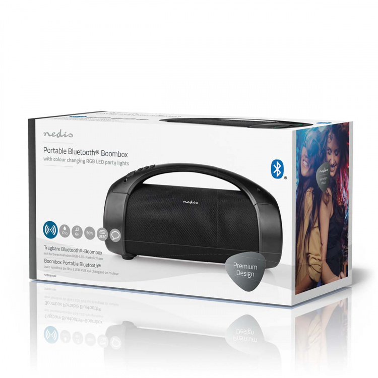 Nedis Bluetooth® Party Boombox | 6 timer | 2.0 | 150 W | Medieafspilning: AUX / USB | IPX5 | Kan parres | Bærehåndtag | Fest lys | Sort