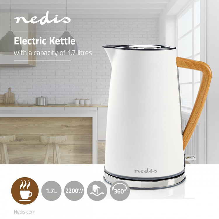 Nedis Elkedel | 1.7 l | Soft-Touch | Hvid | Drejelig 360 grader | Skjult varmeelement | Strix®-controller | Beskyttelse mod kogetørring