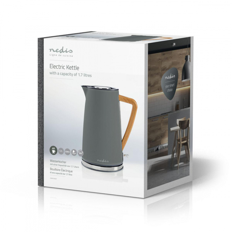 Nedis Elkedel | 1.7 l | Soft-Touch | Grå | Drejelig 360 grader | Skjult varmeelement | Strix®-controller | Beskyttelse mod kogetørring