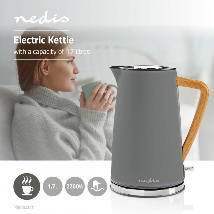 Nedis Elkedel | 1.7 l | Soft-Touch | Grå | Drejelig 360 grader | Skjult varmeelement | Strix®-controller | Beskyttelse mod kogetørring