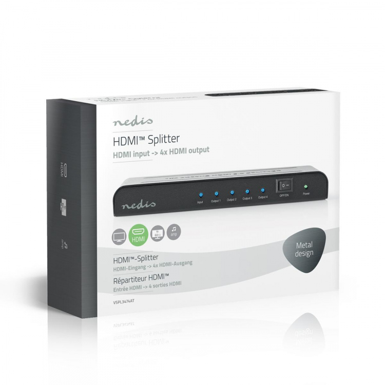 Nedis HDMI ™ Splitter | 4-Port port(s) | 4x HDMI™ Output | 4K@60Hz | 18 Gbps | Metal | Antracit