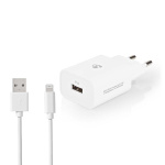 Nedis Vægoplader | 12 W | Hurtigopladningsfunktion | 1x 2.4 A A | Antal output: 1 | USB-A | Lightning 8-Pin (Loose) kabel | 1.00 m | Single Voltage Output | Hvid